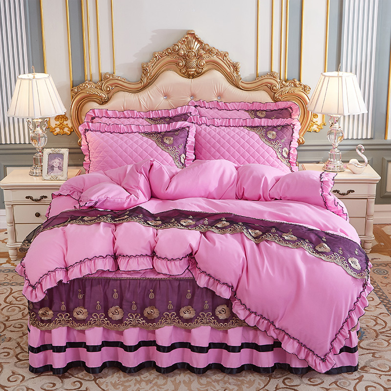 2024新款（四季款）细丝斜纹夹棉床裙系列—床裙五件套 1.5m床裙款五件套 粉色