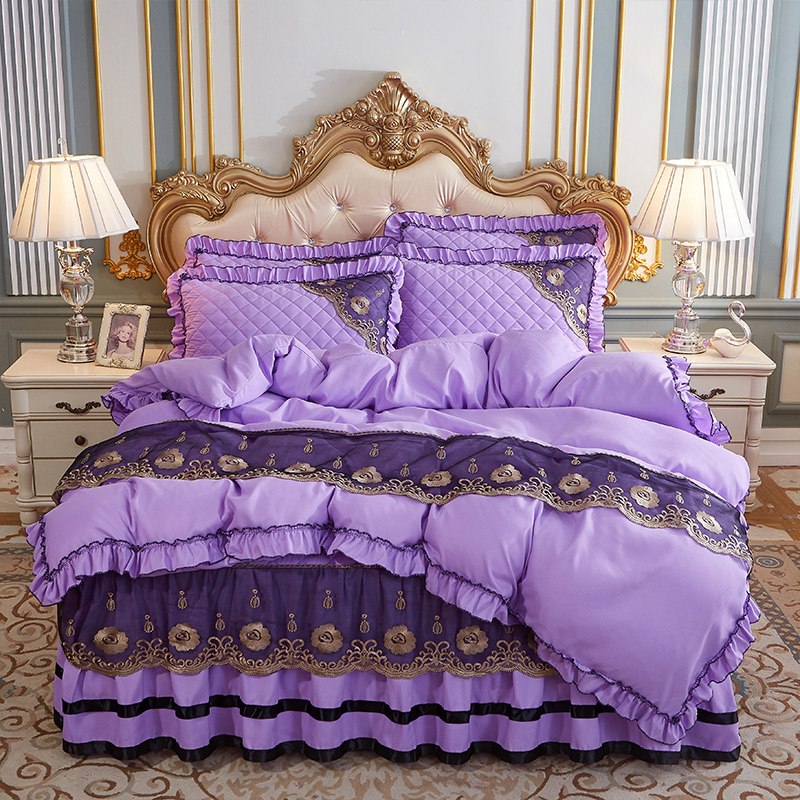 2024新款（四季款）细丝斜纹夹棉床裙系列—床裙五件套 1.5m床裙款五件套 浅紫