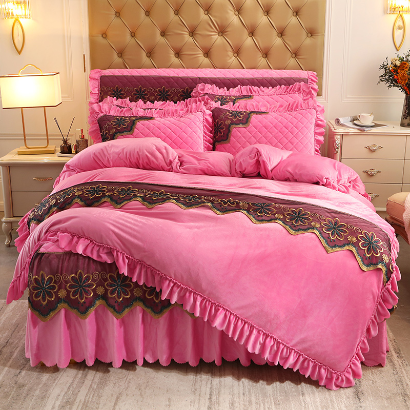 2023新款水晶绒夹棉蕾丝床裙四件套皇家豪庭系列—单品被套 200x230cm 粉红色