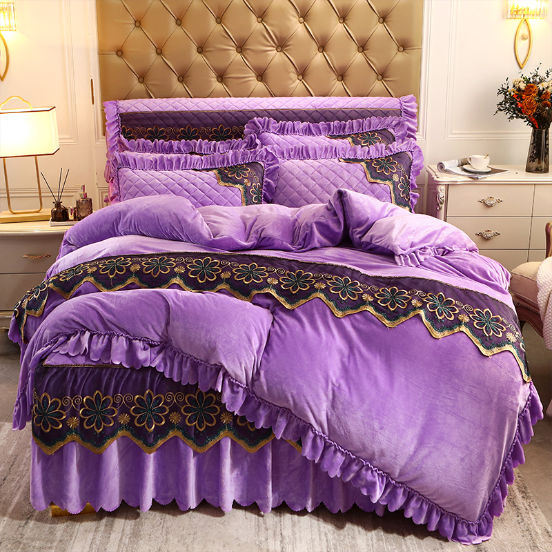 2023新款水晶绒夹棉蕾丝床裙四件套皇家豪庭系列—单品被套 200x230cm 魅紫色