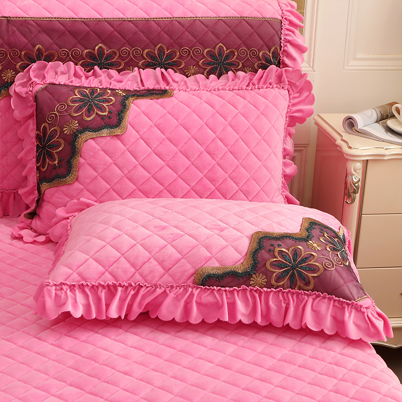 2023新款水晶绒夹棉蕾丝床裙四件套皇家豪庭系列—单品枕套 48cmX74cm/对 粉红色