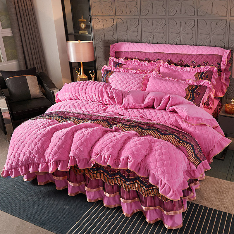 水晶绒夹棉床裙--皇朝盛世系列四件套 1.8米床裙款四件套 粉红色