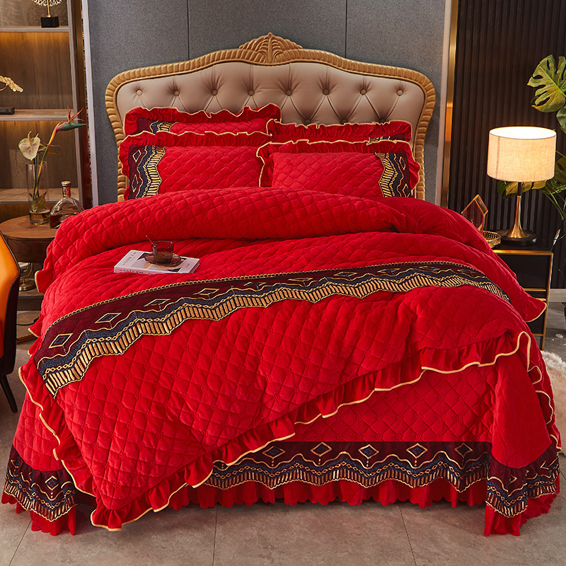 2023新款纯色夹棉床盖水晶绒四件套-皇朝盛世系列 1.5米床盖款四件套 大红色