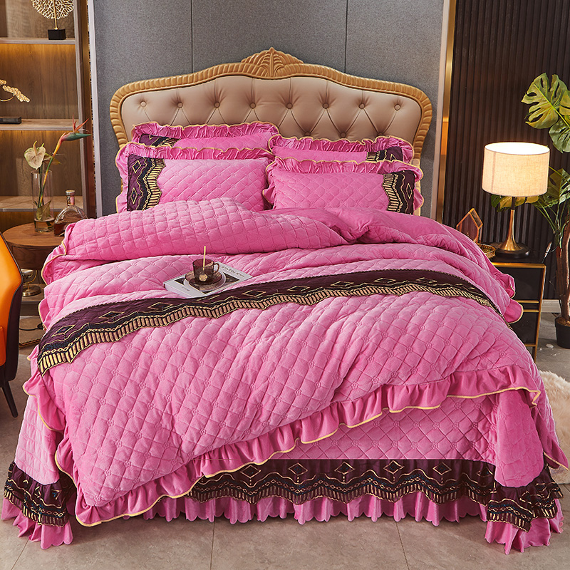 2023新款纯色夹棉床盖水晶绒四件套-皇朝盛世系列 1.5米床盖款四件套 粉红色