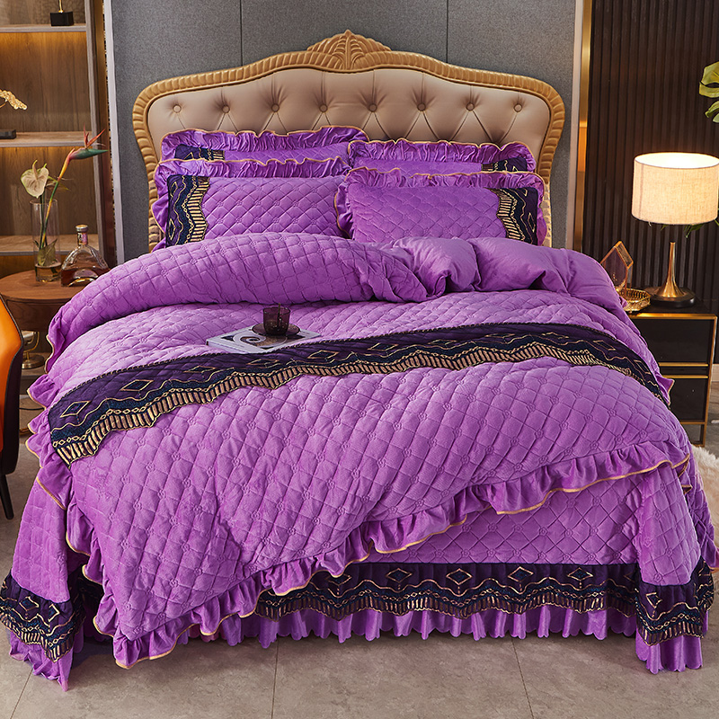 2023新款纯色夹棉床盖水晶绒四件套-皇朝盛世系列 1.5米床盖款四件套 魅紫色