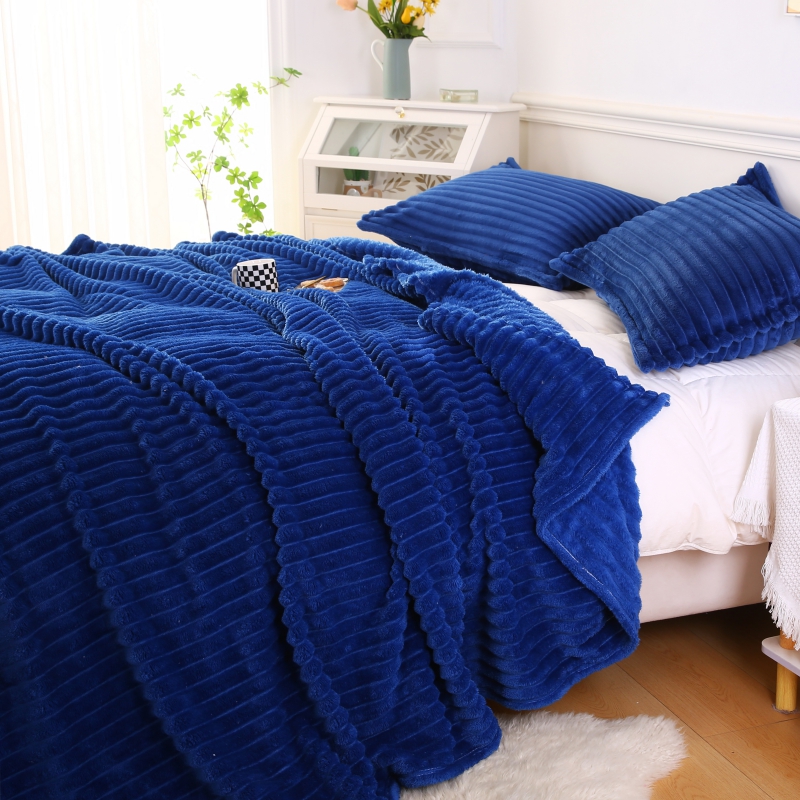 2024新款纯色抽条毛毯魔法绒毛毯休闲薄盖毯子跨境外贸 100*150cm 蓝色