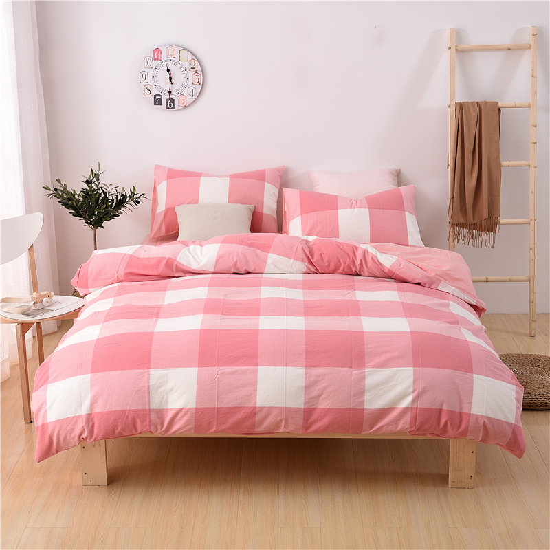 全棉色织基础款水洗棉四件套多花型 床单款1.5m（5英尺）床 粉红大格