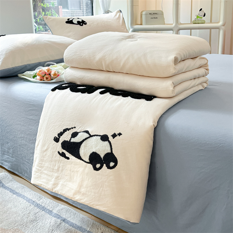 2024新款熊猫水洗棉毛巾绣夏被 150x200cm单夏被 奶昔白+海青