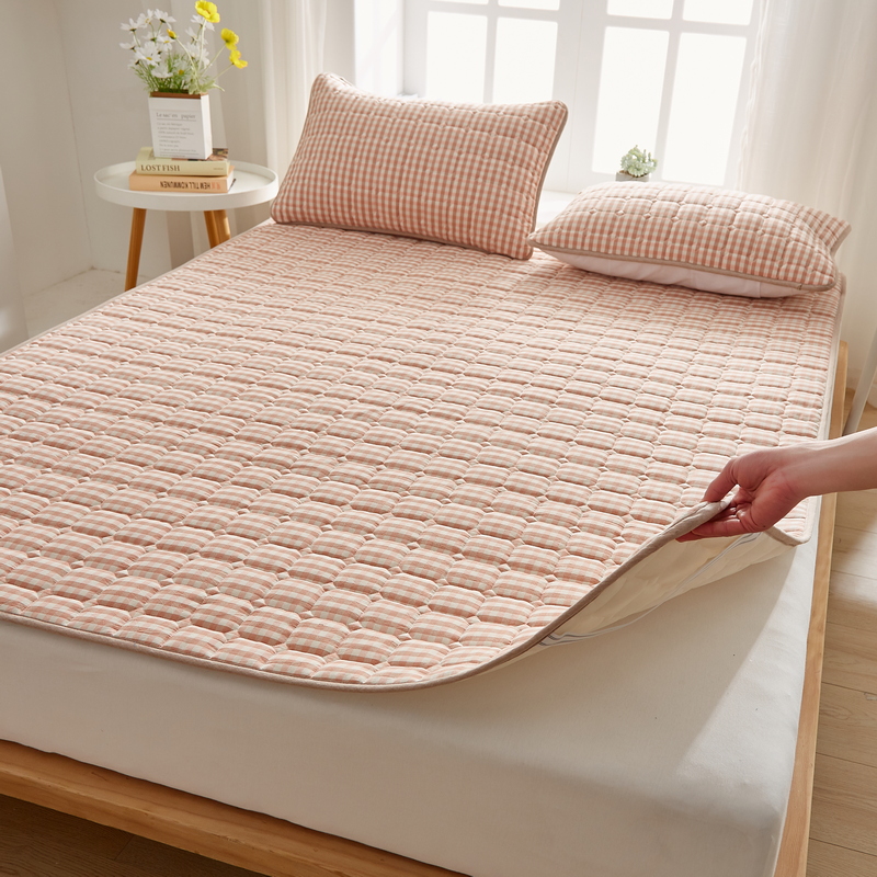 2023全棉色织水洗棉大豆纤维薄款棉花床垫 1.2*2.0m 方格-粉小格