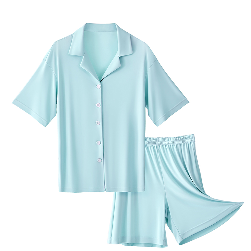 2024新款凉感纯色女款睡衣两件套家居服-短裤款 S 158-163cm 睡衣-蓝