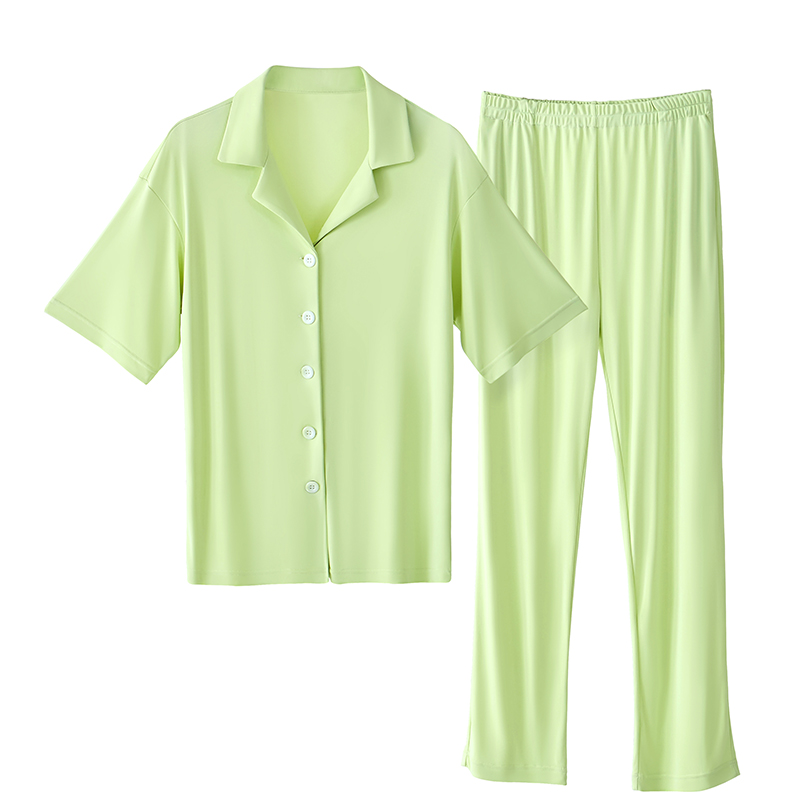 2024新款凉感纯色女款睡衣两件套家居服-长裤款 S 158-163cm 睡衣-绿