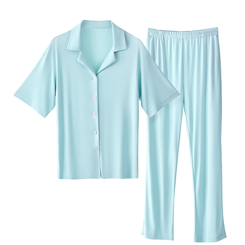 2024新款凉感纯色女款睡衣两件套家居服-长裤款 S 158-163cm 睡衣-蓝