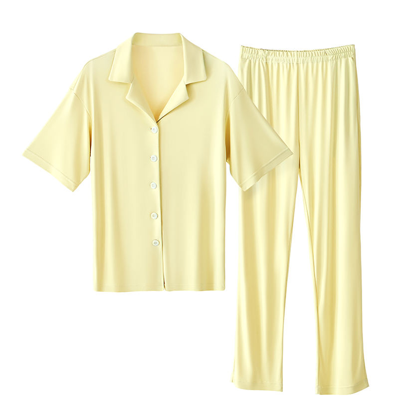 2024新款凉感纯色女款睡衣两件套家居服-长裤款 S 158-163cm 睡衣-黄
