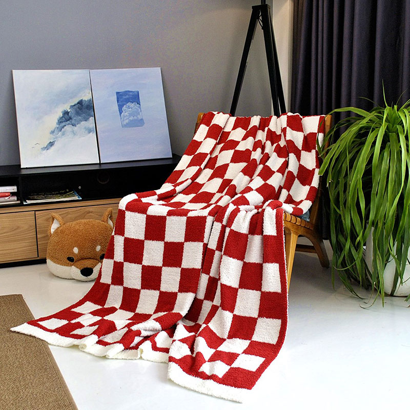 2024新款半边绒棋盘格针织毯休闲沙发毯毛毯盖毯 130*160cm 红色