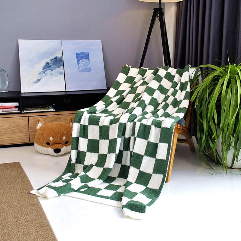 2024新款半边绒棋盘格针织毯休闲沙发毯毛毯盖毯 130*160cm 绿色