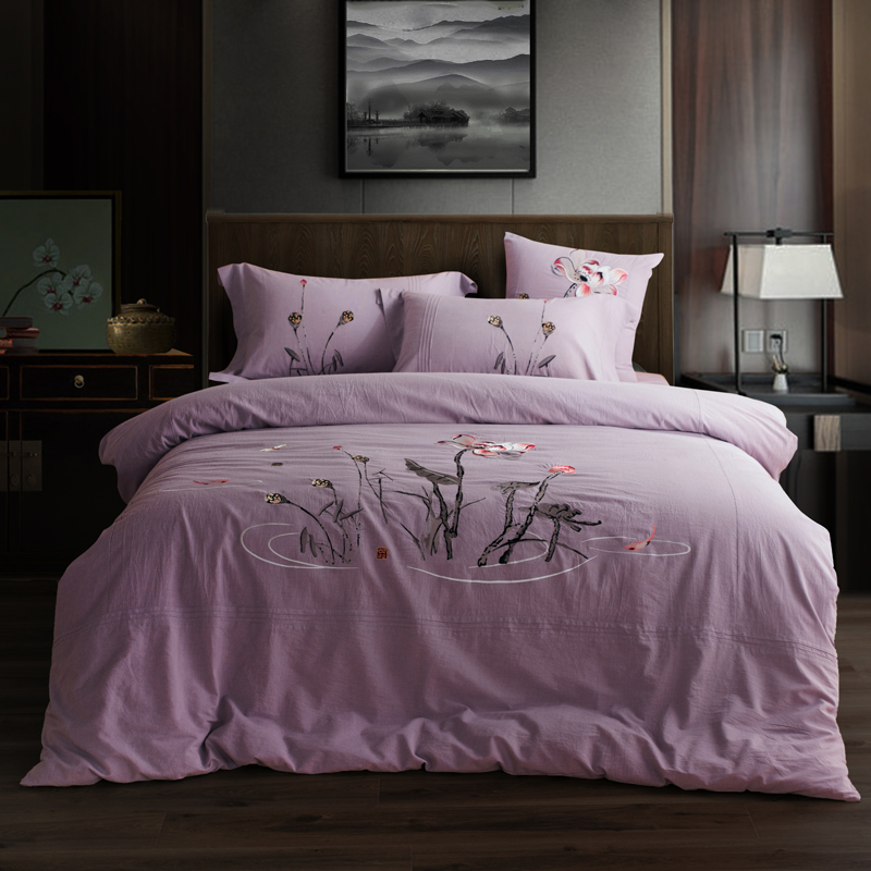 全棉色织水洗棉新中式绣花四件套 2.0m床单款 水墨涟漪-浅紫