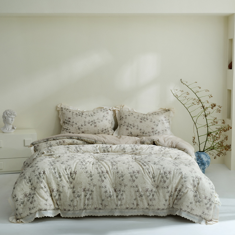 2025新款舒适麻棉麻数码印花蕾丝花边懒人被被子被芯 映雪咖