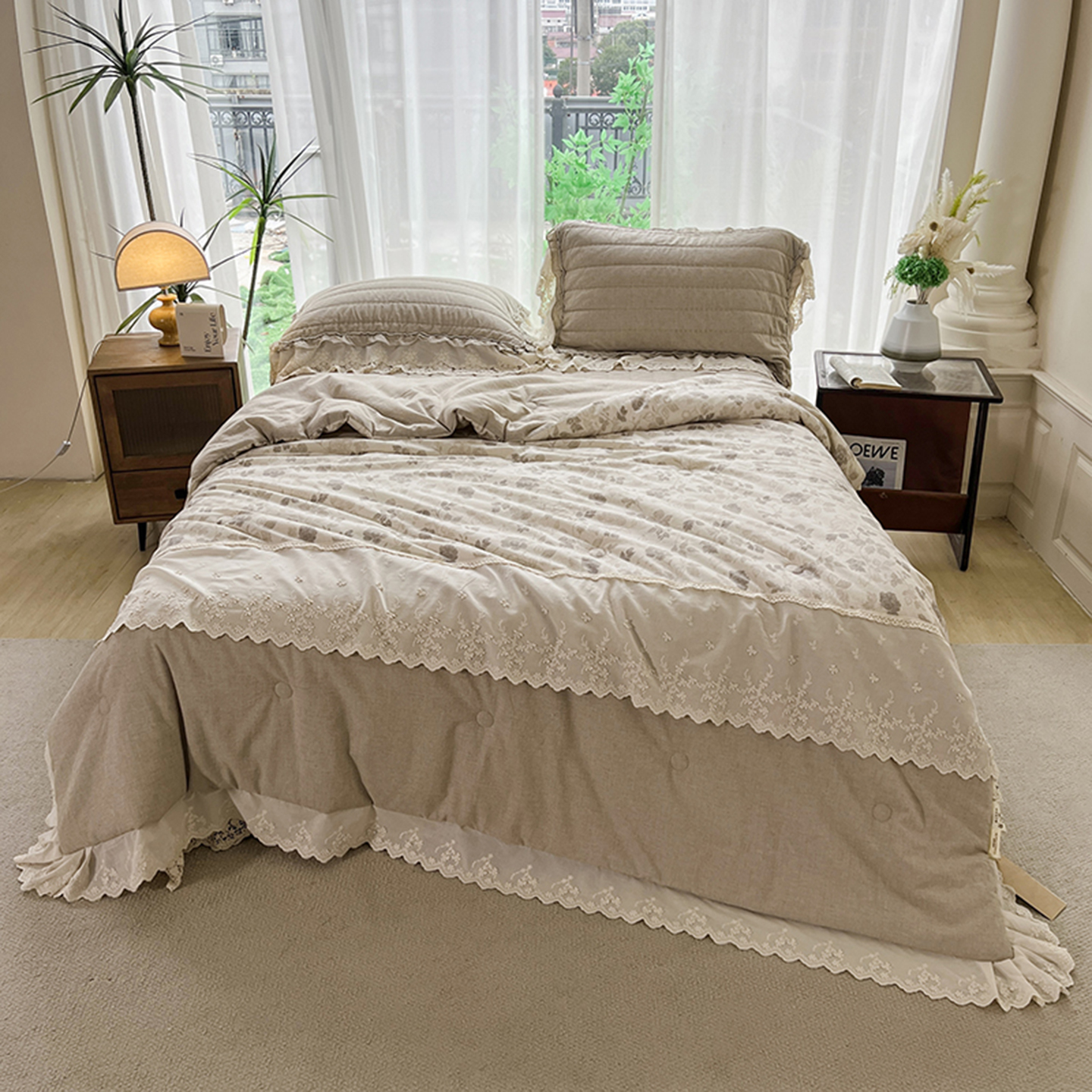 2025新款植物再生棉麻法式数码印花懒人被被子被芯 素锦-咖