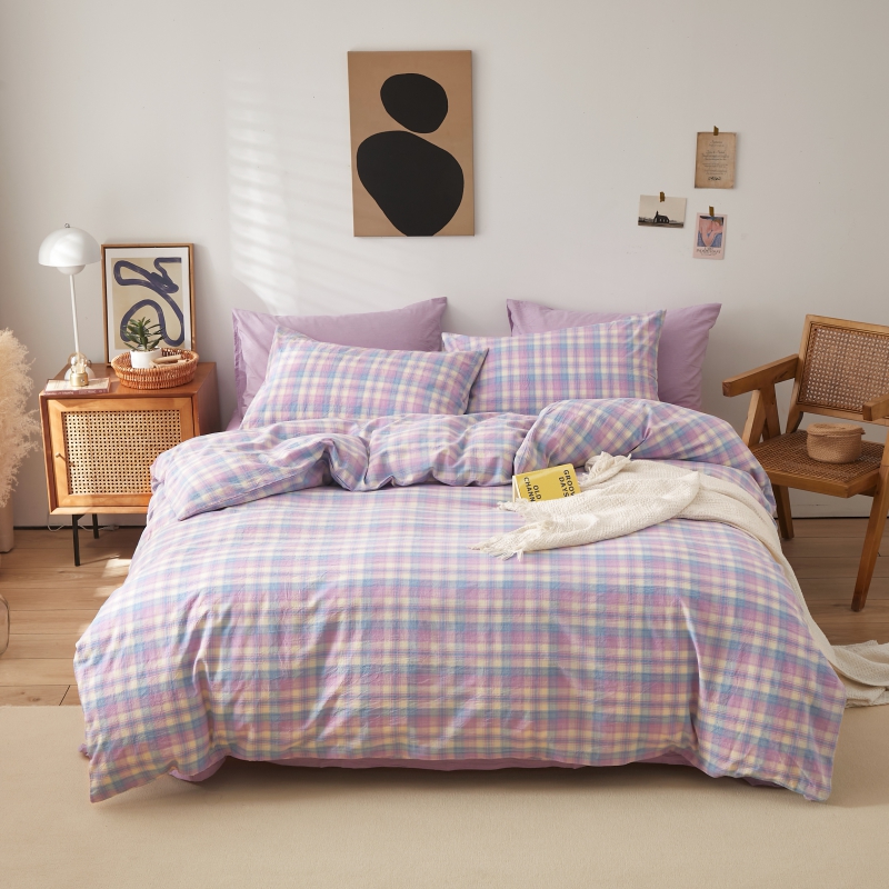新款全棉色织水洗棉四件套系列-风格一 1.5m床单款四件套 炫彩-紫