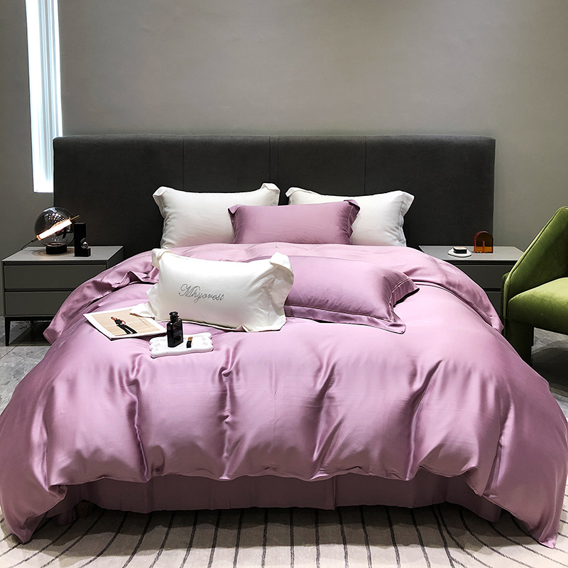黑白森林23款春夏新品 60S纯色兰精天丝四件套素色冰丝床上用品 1.8m（6英尺）床 烟熏紫