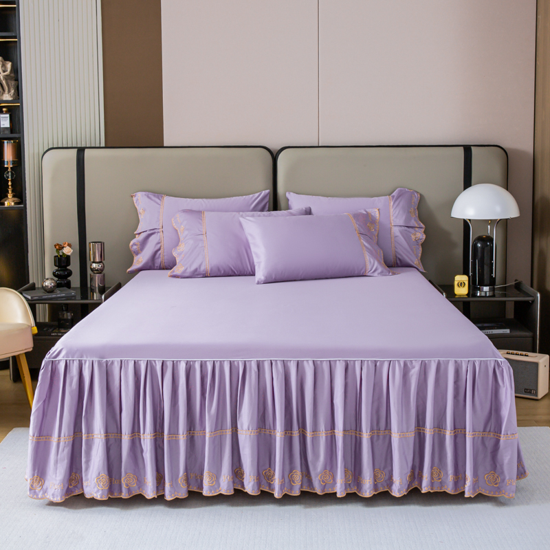 2023新款100支长绒棉单层床裙刺绣三件套-玫瑰 150*200cm单床裙 玫瑰-丁香紫