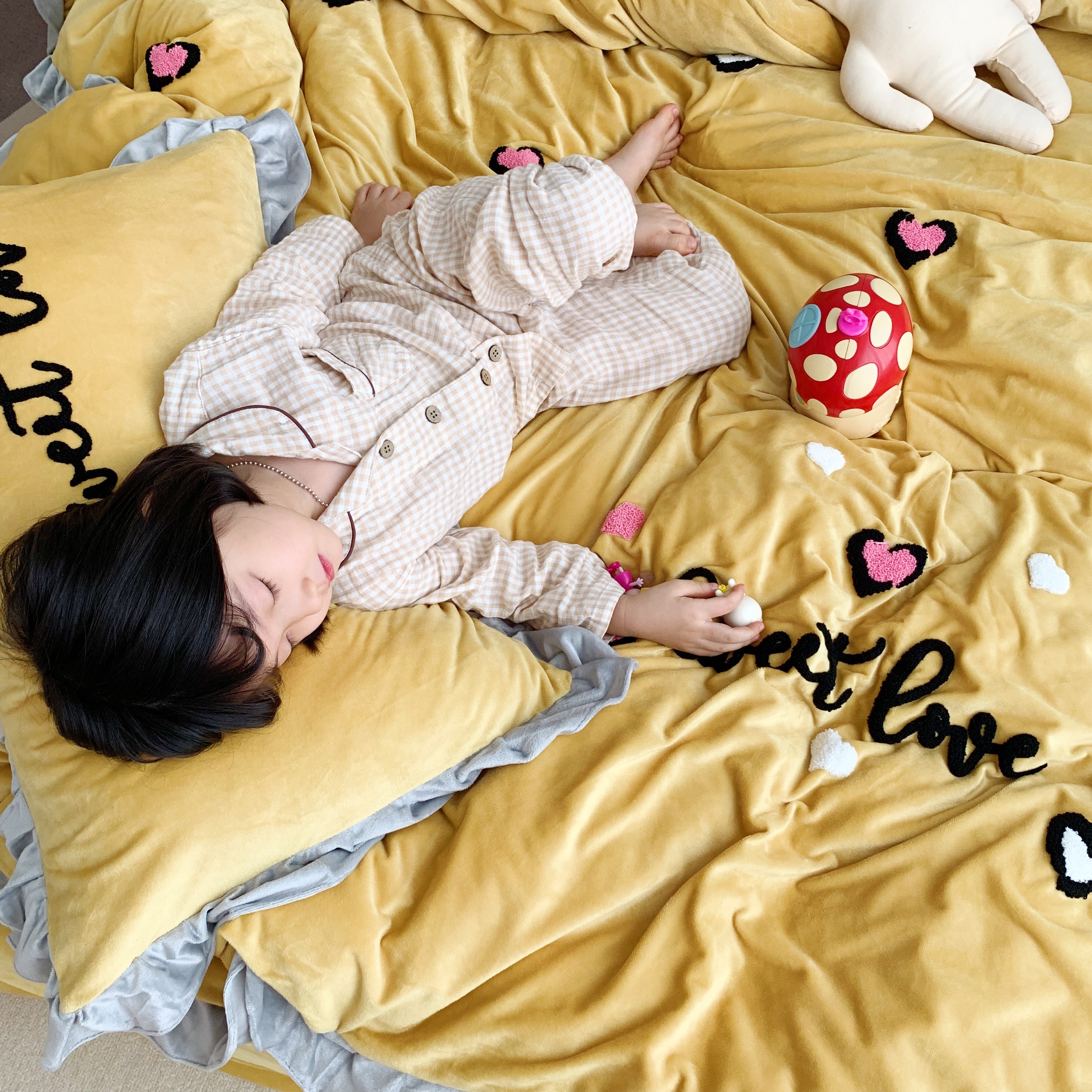 2019新款ins宝宝绒套件（实拍图） 1.5m（5英尺）床 爱心豹纹姜黄