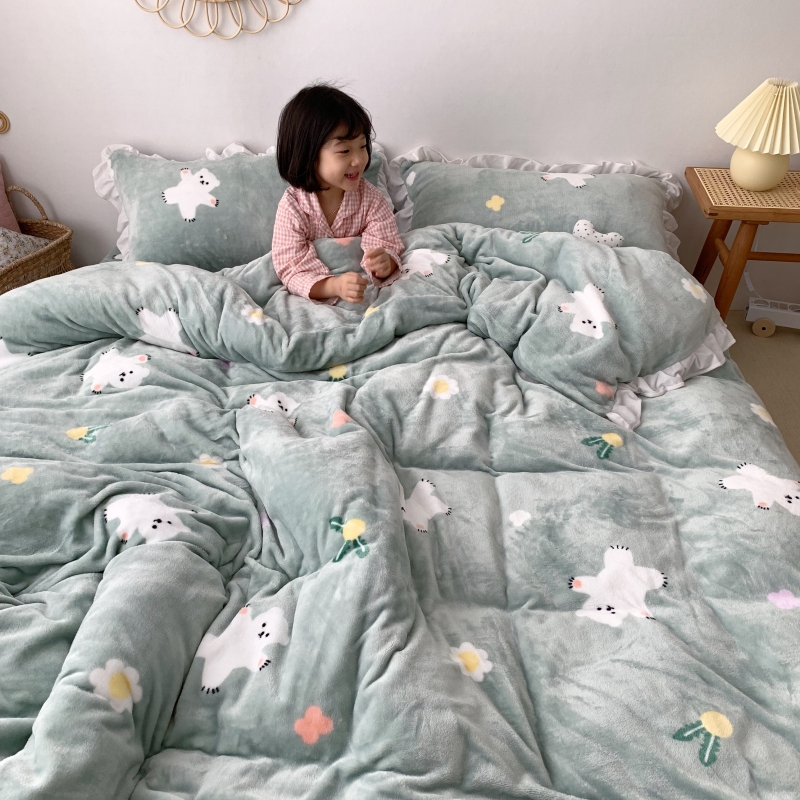 2019新款Chic少女花边牛奶绒套件-实拍图 1.8m床单款 绿底小熊