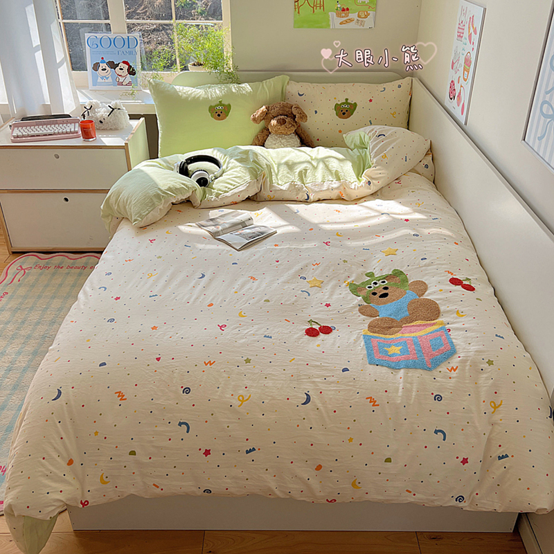 2025新款ins韩系童趣毛巾绣云朵棉四件套