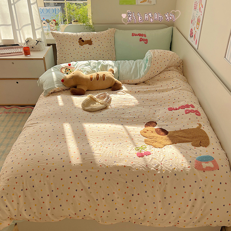 2025新款ins韩系童趣毛巾绣云朵棉四件套