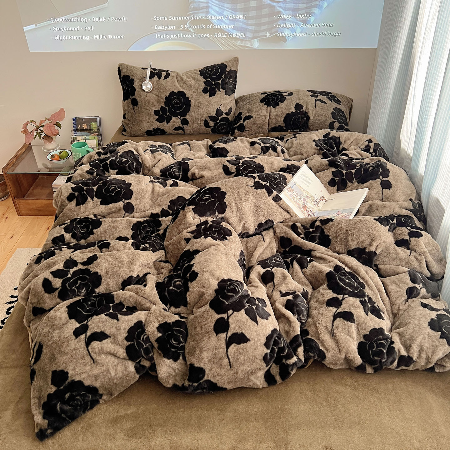 2025新款美拉德兔毛四件套 玫瑰情话