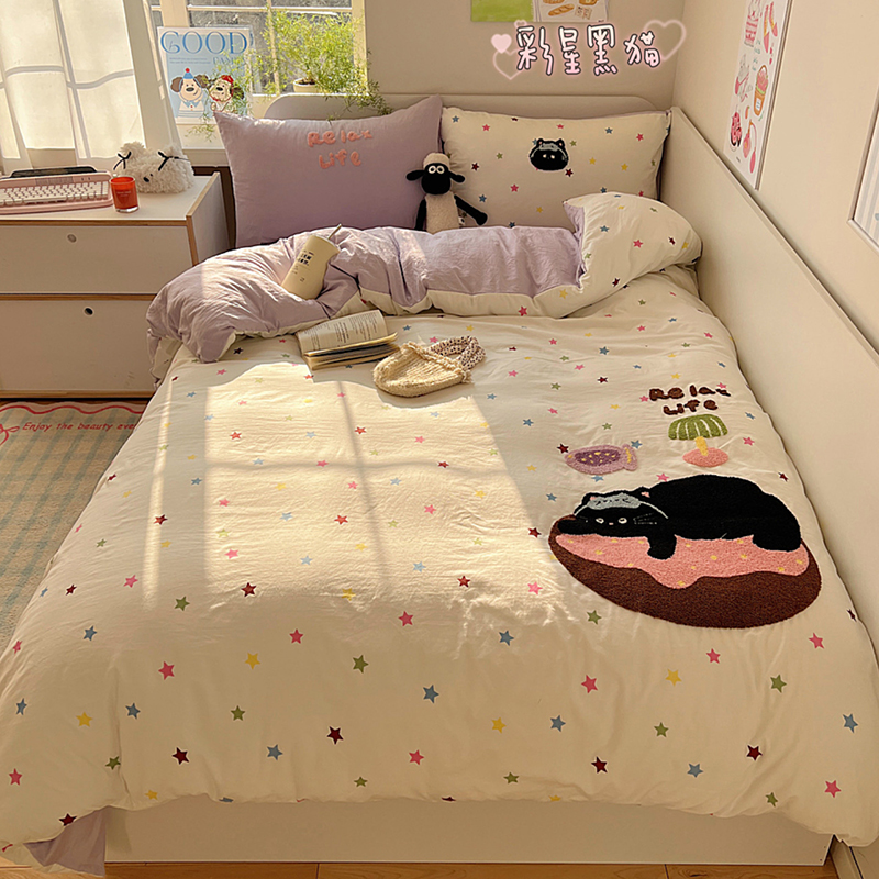 2025新款ins韩系童趣毛巾绣云朵棉四件套