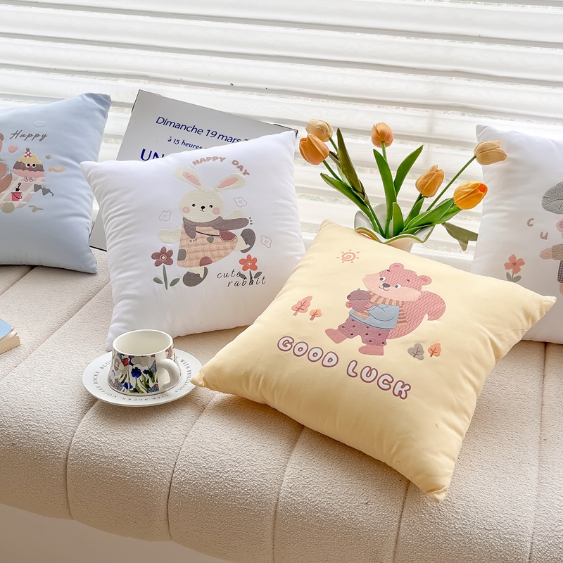 2025新款高科技植绒发泡烫绣卡通抱枕多巴胺可爱烫绣卧室靠枕抱枕含芯 A款-萌兔日记