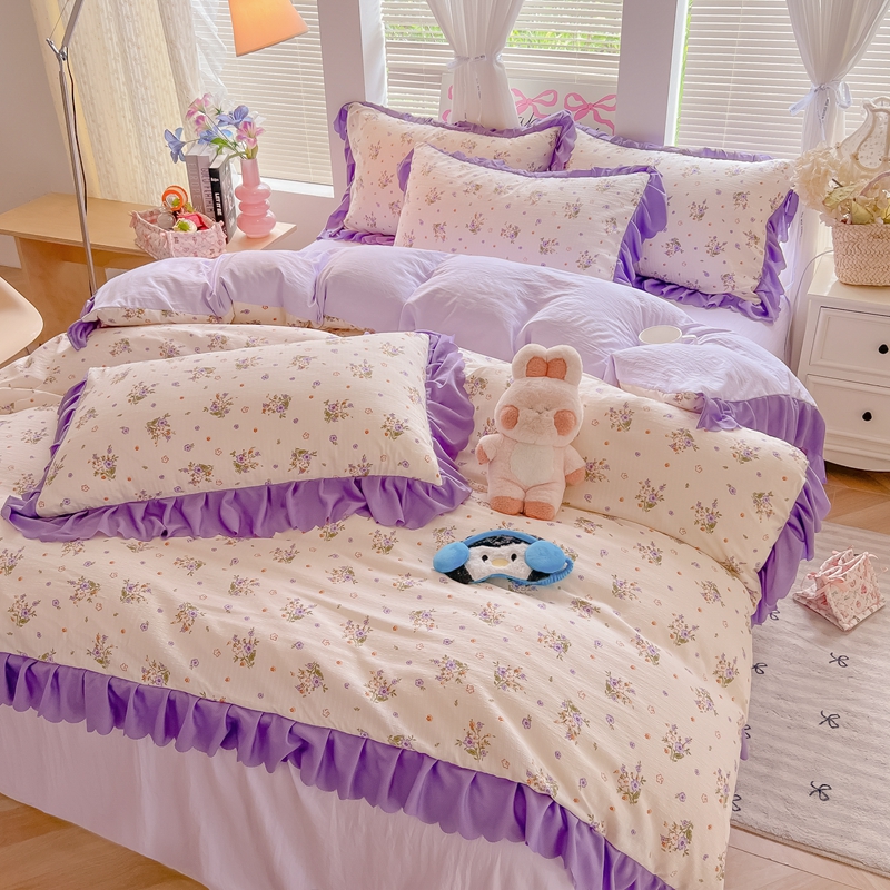 （含买家秀）2025年新款开学季泡泡棉小竹棉四件套小清新花边床单被套学生三件套床品套件 紫蔓繁花