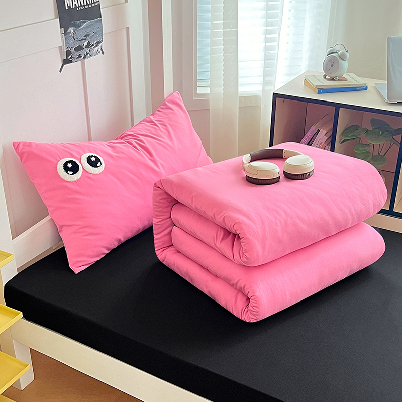 2025新款多巴胺大眼睛毛巾绣纯色水洗棉双拼学生宿舍单枕套三件套寝室四件套四季款