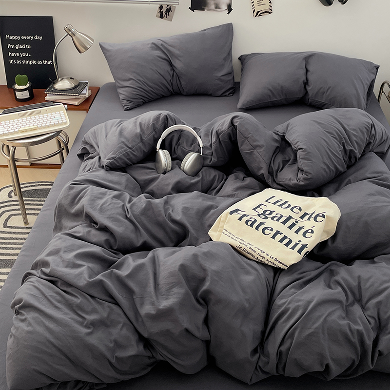 2025新款纯色双拼水洗棉四件套简约撞色系床单被套枕套床上用品 灰色幽默