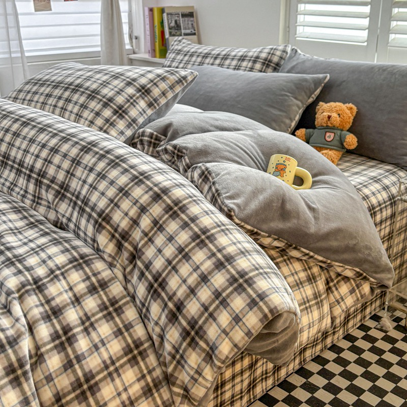 （含买家秀）2025新款简约条纹牛奶绒四件套纯色冬季加厚保暖床单被套枕套双面可用床上用品 复古格影