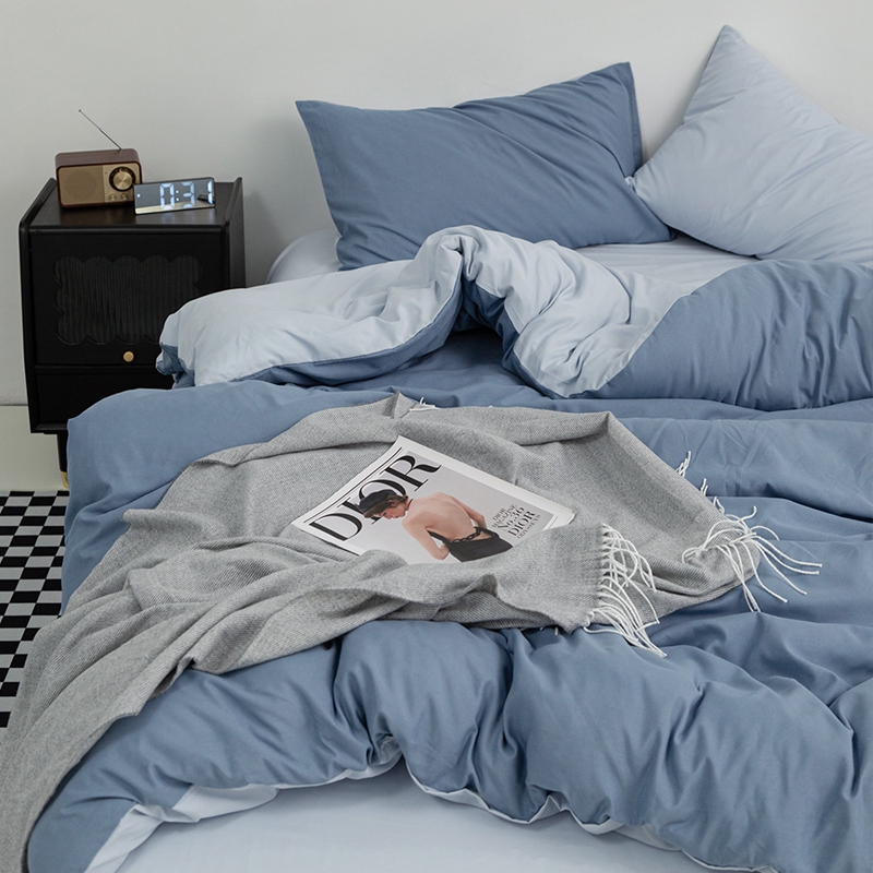 2025新款纯色双拼水洗棉四件套ins风柔软裸睡床单被套枕套四季通用床上用品 班迪兰+浅蓝芝士