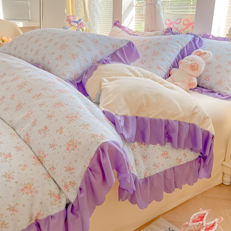 （含买家秀）2025年新款开学季泡泡棉小竹棉四件套小清花边床单被套宿舍三件套床上用品 浅蓝蔷薇