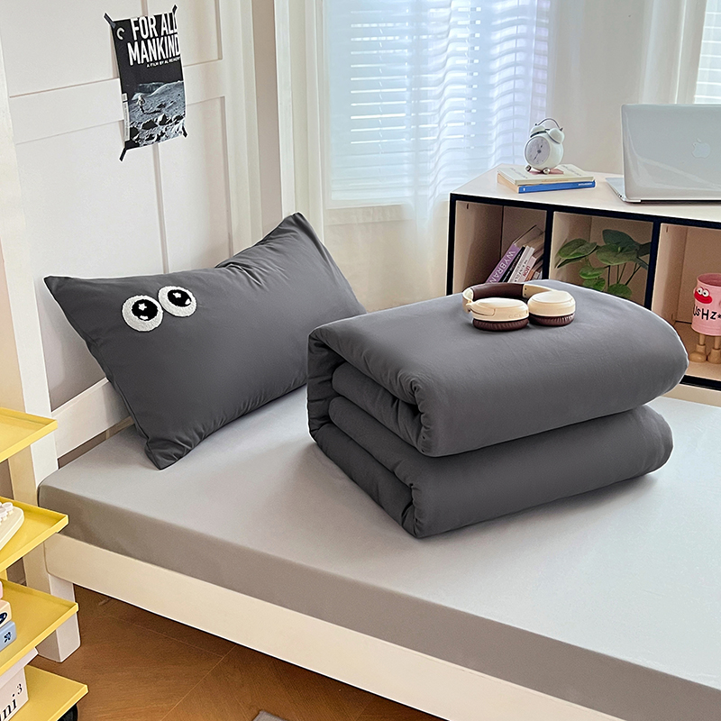 2025新款多巴胺大眼睛毛巾绣纯色水洗棉双拼学生宿舍单枕套三件套寝室四件套四季款