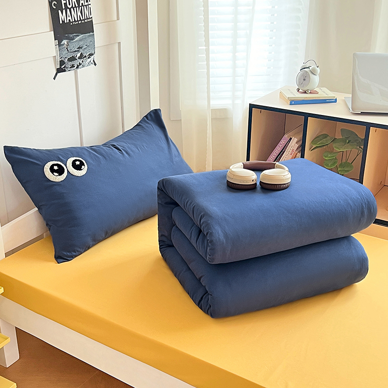 2025新款多巴胺大眼睛毛巾绣纯色水洗棉双拼学生宿舍单枕套三件套寝室四件套四季款