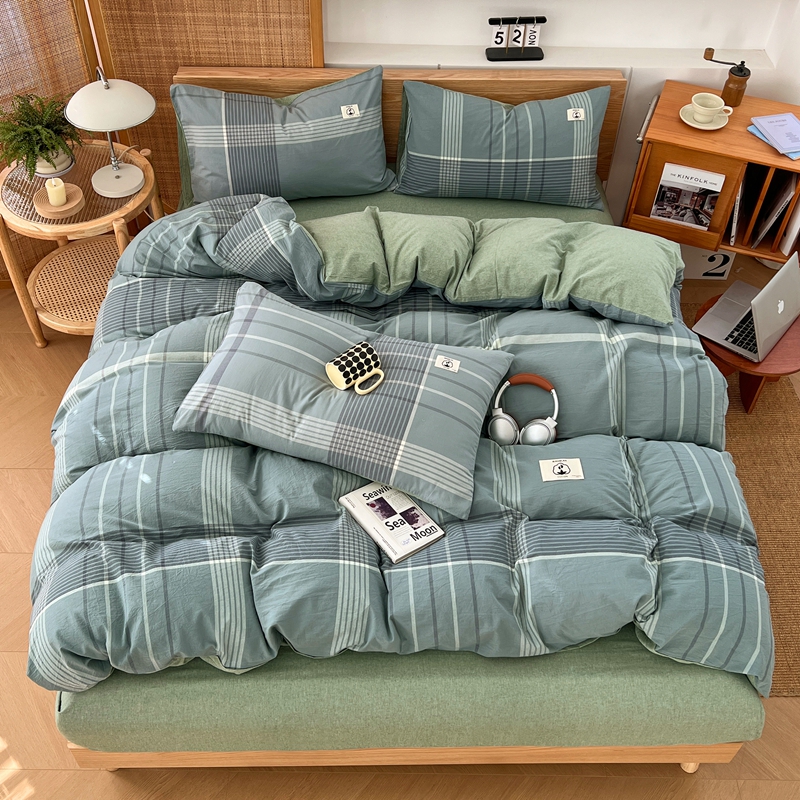 2025新款全棉水洗棉色织四件套复古条纹ins风纯棉学生宿舍三件套床单床笠款 波西米亚-绿