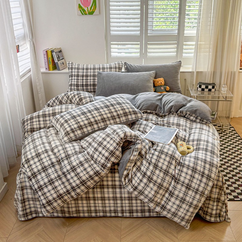（含买家秀）2025新款条纹纯色牛奶绒撞色四件套秋冬加厚保暖牛奶绒床单床笠款床上用品 复古格影