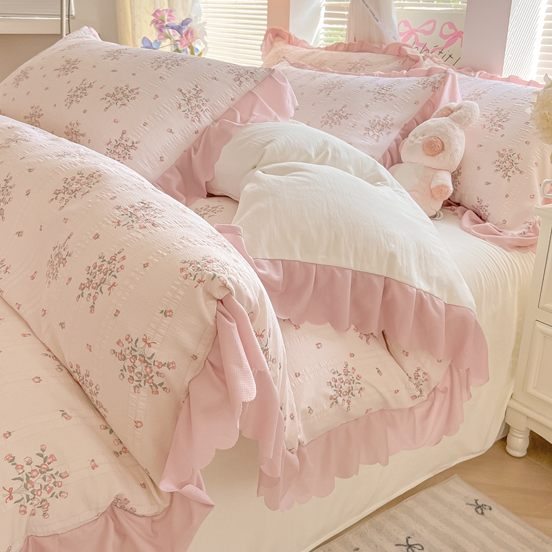 （含买家秀）2025年新款开学季泡泡棉小竹棉四件套韩系田园小清新花边款床单被套三件套床上用品