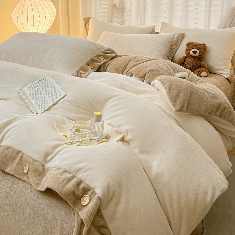 （含买家秀）2025新款纯色双拼牛奶绒四件套纽扣款秋冬加厚保暖床单床笠款床品套件 奶昔咖啡【纽扣款】