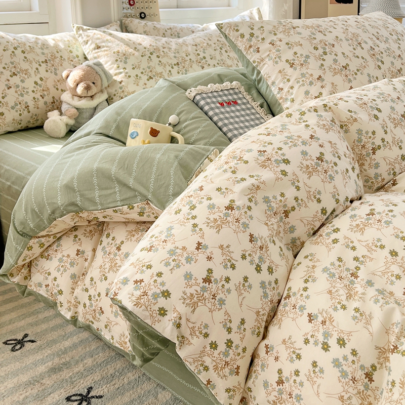 2025新款13070纯棉四件套卡通小清新全棉印花三四件套床单床笠款床品套件 北欧花镜