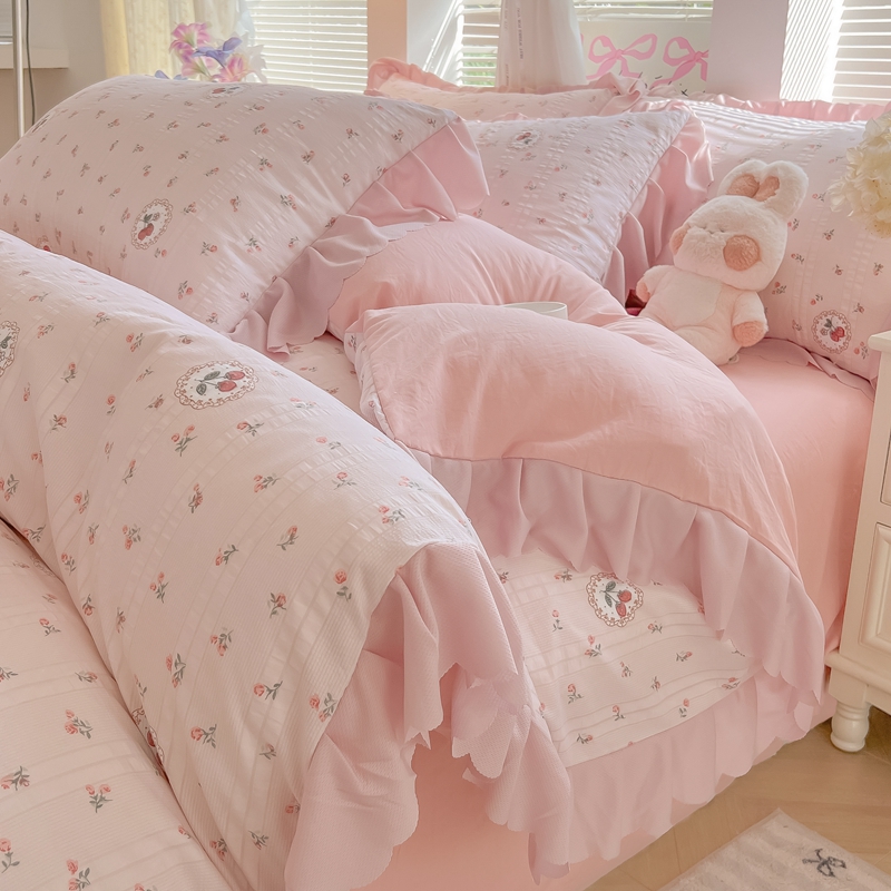 （含买家秀）2025年新款开学季泡泡棉小竹棉四件套韩系田园小清新花边款床单被套三件套床上用品
