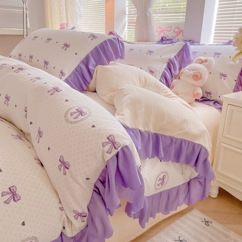 （含买家秀）2025年新款开学季泡泡棉小竹棉四件套韩系田园小清新花边款床单被套三件套床上用品