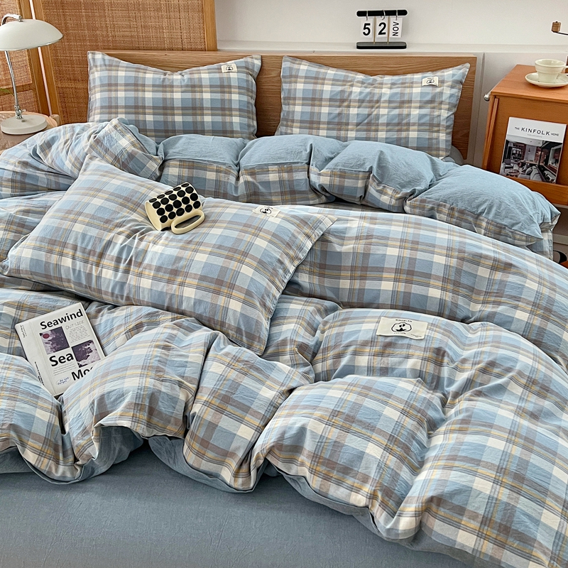 2025新款全棉色织水洗棉四件套学生三件套简约ins风床单被套床品套件 罗拉寻梦-蓝