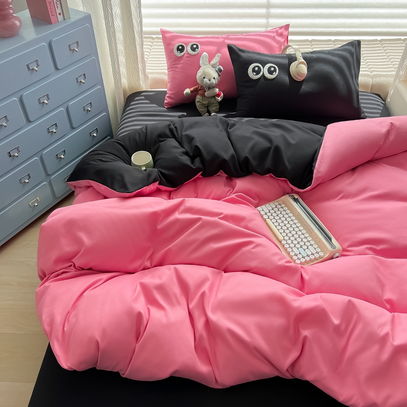 （有买家秀）2025新款大眼睛毛巾绣双拼水洗棉四件套多巴胺风简约纯色双拼三四件套床品套件 红夜流影（眼睛款）