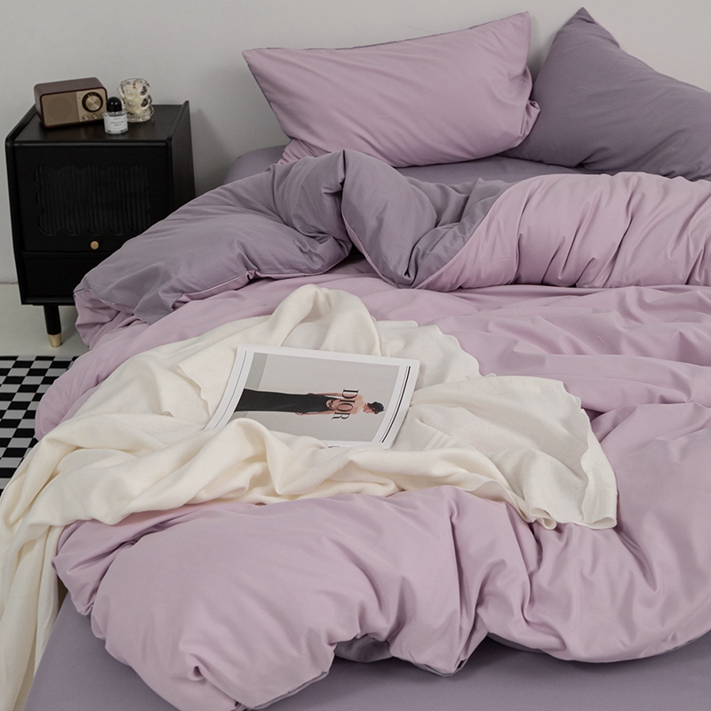 ins小红书简约风纯色双拼水洗棉四件套床上用品单拍床单枕套被套 1.2米床单款三件套 奶粉+葡萄紫